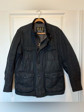 Barbour Waxed Jacket L Navy Blue Men's Dunnon Four Pocket Field Coat Quilted